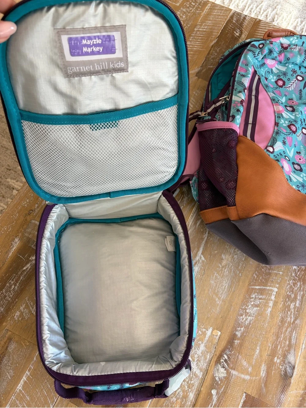 Garnet Hill Teal Floral Kids Backpack and lunchbox